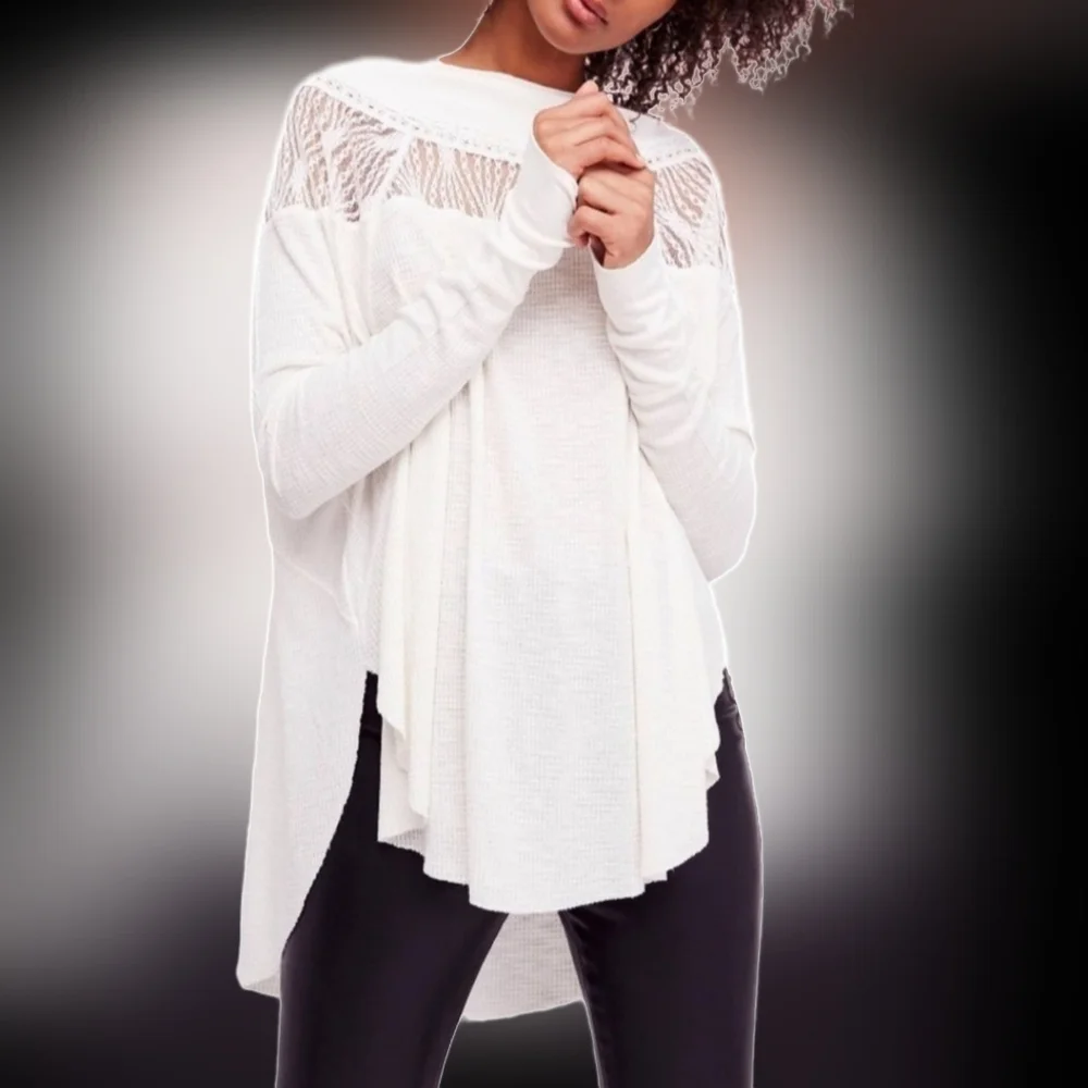Free People Spring Valley Lace Waffle Top 100%Rayon Ivory/Off Whit Oversized M/L